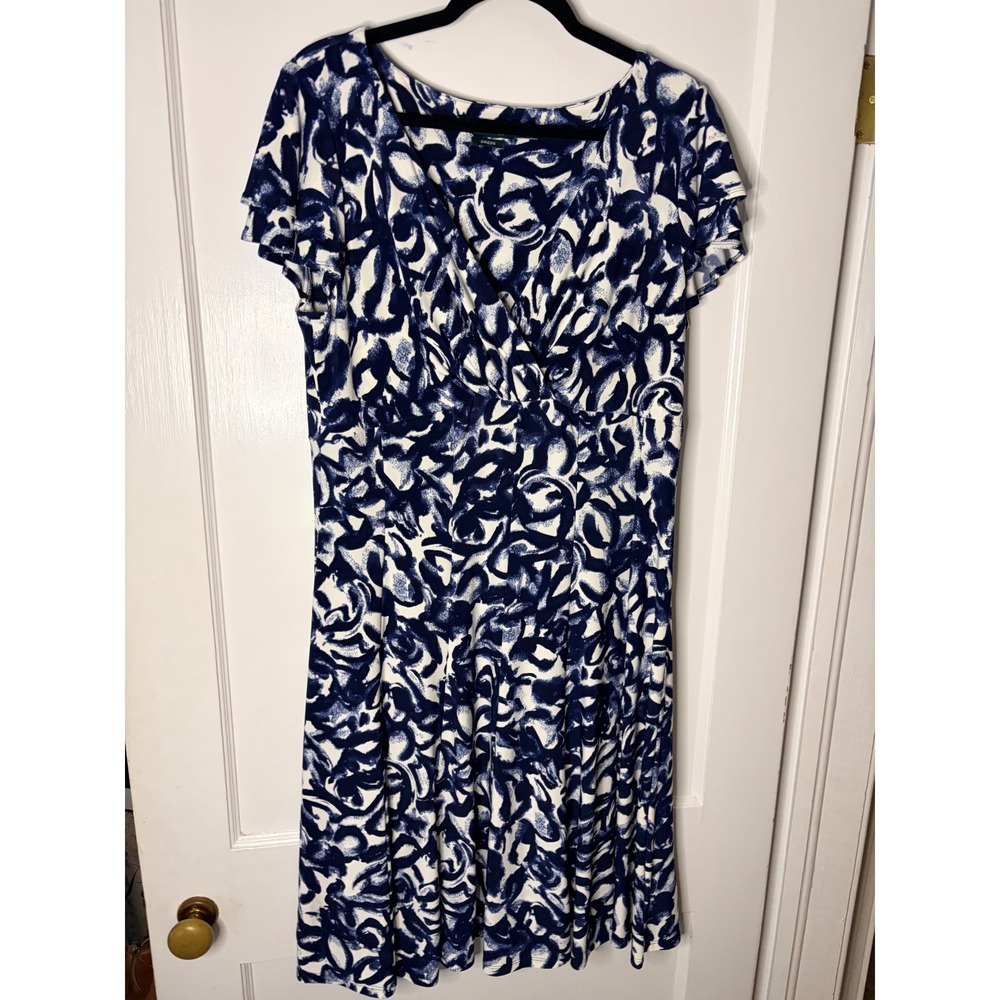 Lauren Ralph Lauren Blue‎ White Abstract Print business Dress Short Sleeve Sz 14
